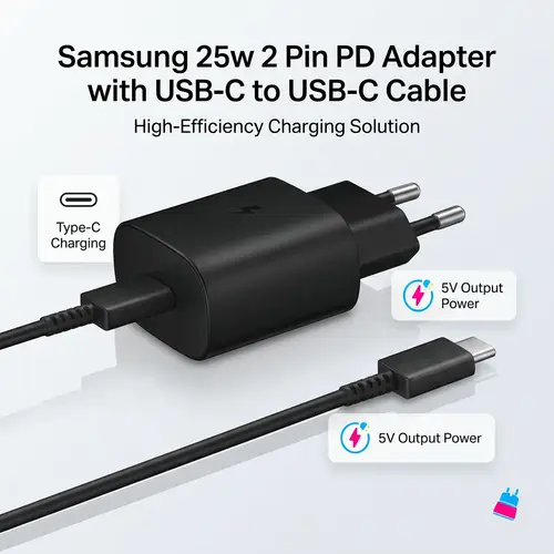Samsung 25w 2 Pin PD Adapter with USB-C to USB-C Cable